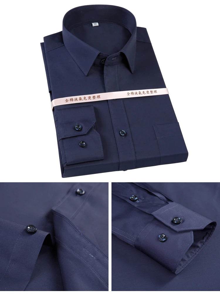 Men's Non Iron Standard-fit Solid Basic Dress Shirt Formal Business Premium 100% Cotton Male Long Sleeve Work Office Shirts - AIAZ