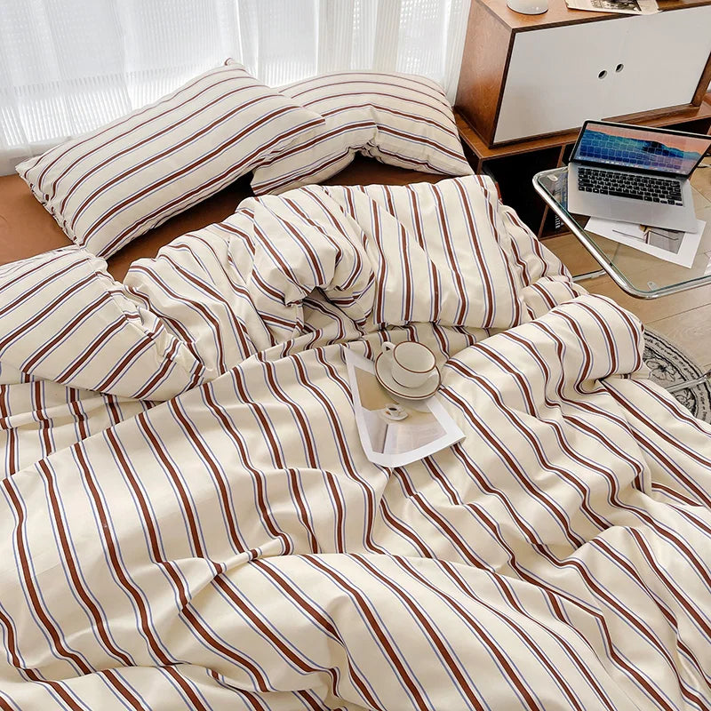 INS Stripe Series Printed Soft Bedding Set Duvet Cover Bedclothes Bedspread Pillowcases Flat Sheets Comforter Sets for Girls