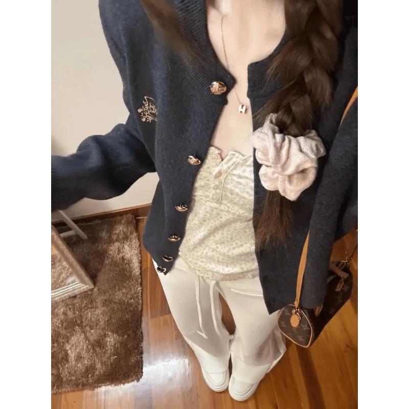 Gray Cardigan Sweater Women Loose Short Knit Coat For Spring And Autumn - AIAZ