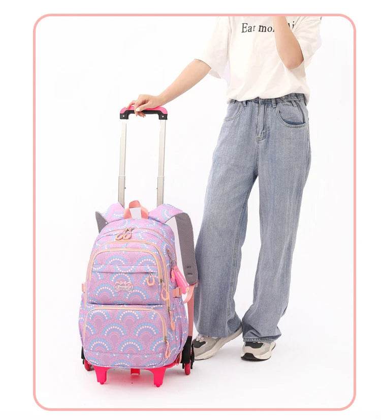 Rolling School Bags for Girls Backpack Children Waterproof School Backpacks with Wheels Middle School Trolley Luggage Back Pack - AIAZ