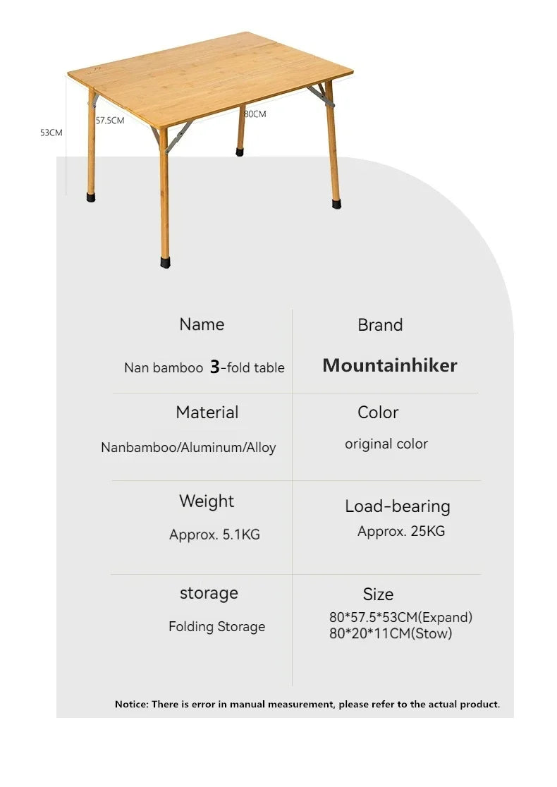 MOUNTAINHIKER Outdoor Camping Bamboo Folding Table Portable Fast Storage Folding Desk Outdoor Dining Table Picnic BBQ Table