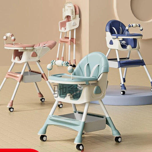 Portable Kids Dining Chair,Reinforced Steel Frame Non-Slip Base,Foldable with Wheels Adjustable Tray,Multi-Use Highchair