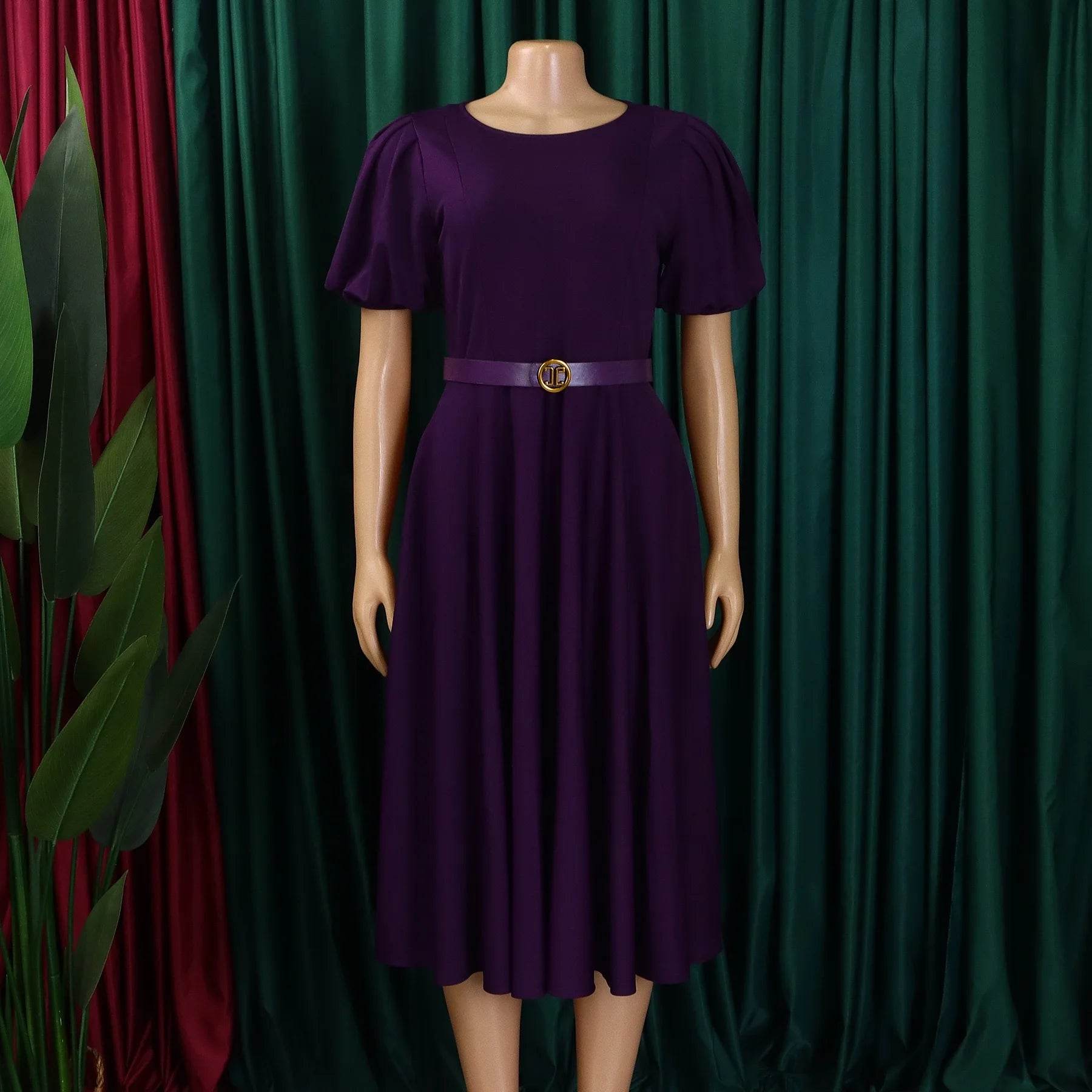 Elegant Office Dress for Women Professional O Neck Short Sleeve Belt Waisted A Line Mid Calf Formal Business Work Dress Midi New - AIAZ