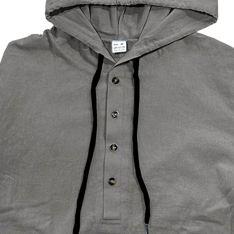 24 New cotton and linen shirts hooded loose large size casual sweater long sleeve hoodie men - AIAZ