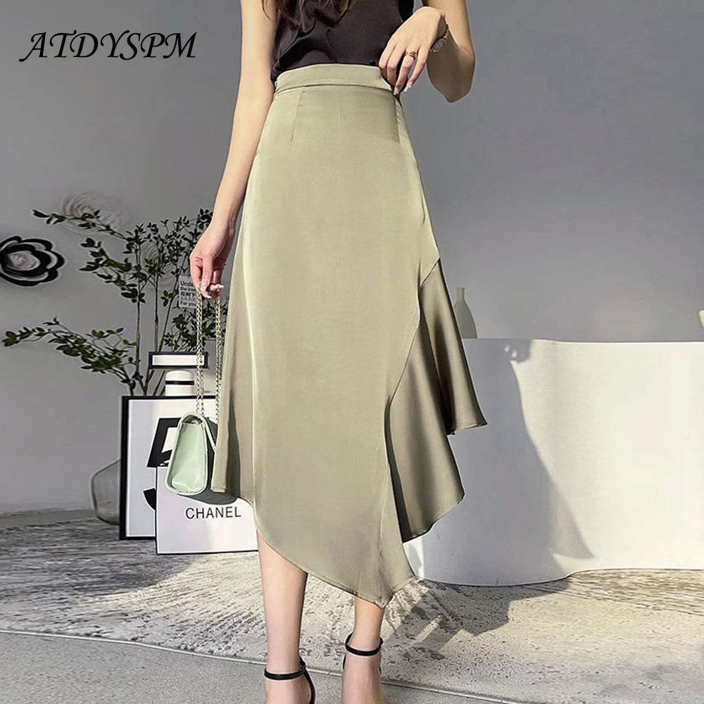 Elegant High Waist Satin Skirts Women Irregular Mermaid Skirt Fashion Streetwear Casual A-Line Skirts Office Lady Long Skirts - AIAZ