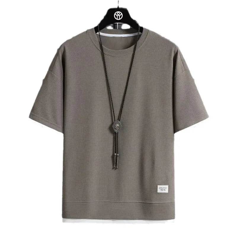 2025Men Summer Fashion Waffle Fake Two Pieces Top Short Sleeve T-shirt Male Comfortable Casual Breathable Quick DryTshirts Tee - AIAZ