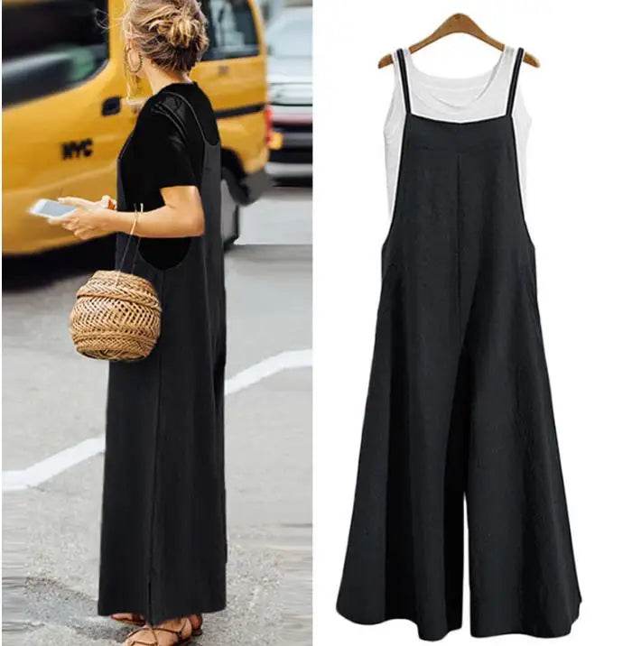 Women Straps Jumpsuit Summer Solid Color Wide Leg Pants Dungaree Bib Overalls Casual Loose Sleeveless Cotton Linen Jumpsuits 5Xl - AIAZ