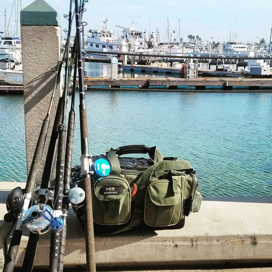 BASSDASH Fishing Tackle Shoulder Bag Water Resistant Lightweight Gear Storage Pack with Hard Molded Bottom Rain Cover