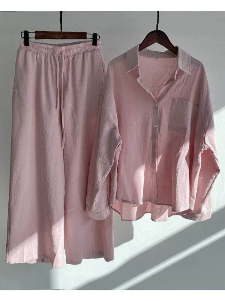 Pants Set Women Shirts Wide Leg Elastic Waist Cotton Linen Casual Sets Elegant Loose Long Sleeve Lapel Spring Shirt Y2k Suit - AIAZ