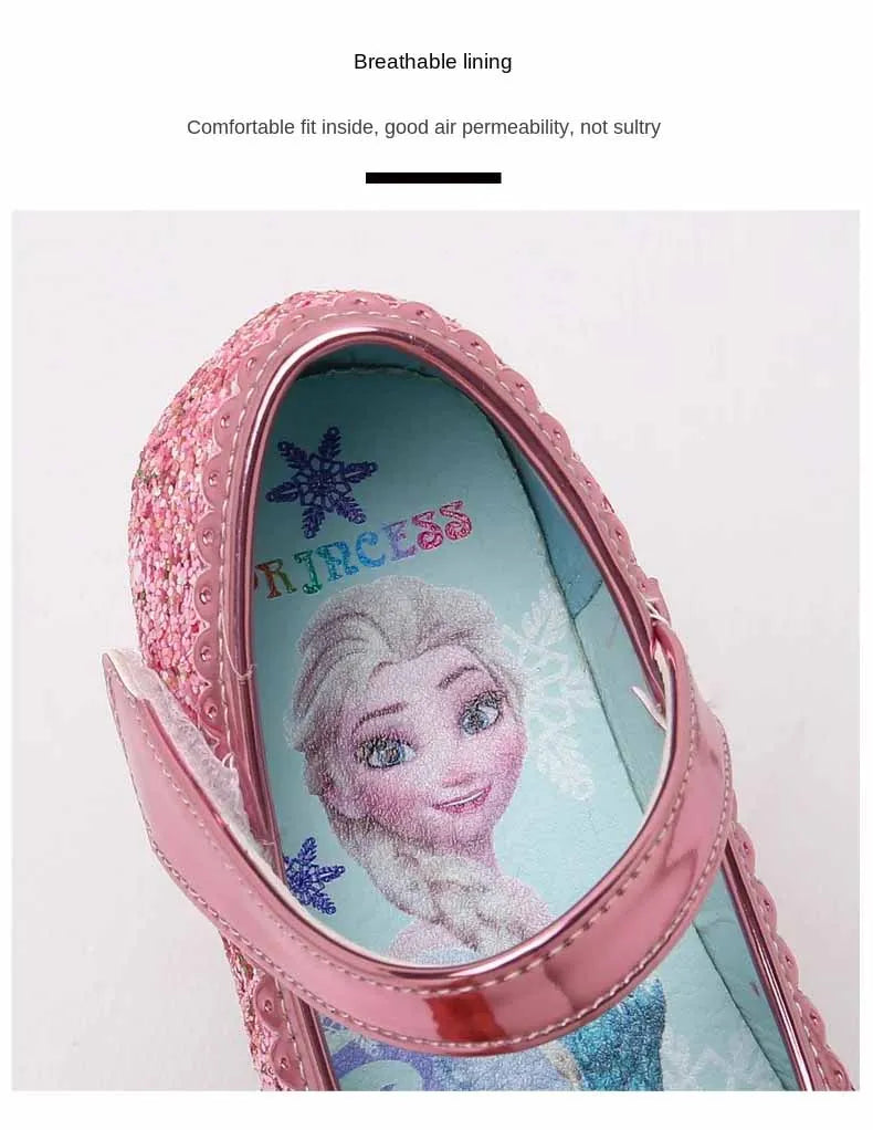 Disney Elsa Frozen Girls Princess Shoes Spring and Autumn Flat Paillette Shoes Children's Soft Sole Baby Casual Shoe Party Shoes