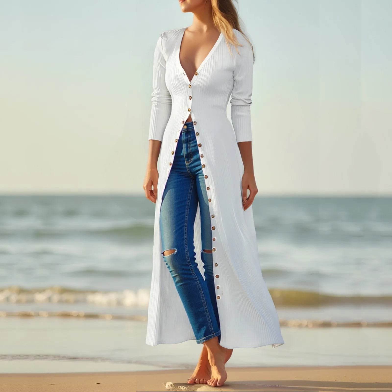 Women's Cardigan V-Neck T-Shirt Tops Fashionable Casual Solid-Color Long-Sleeved Long Tops Single Breasted Slim Fit Streetwear - AIAZ