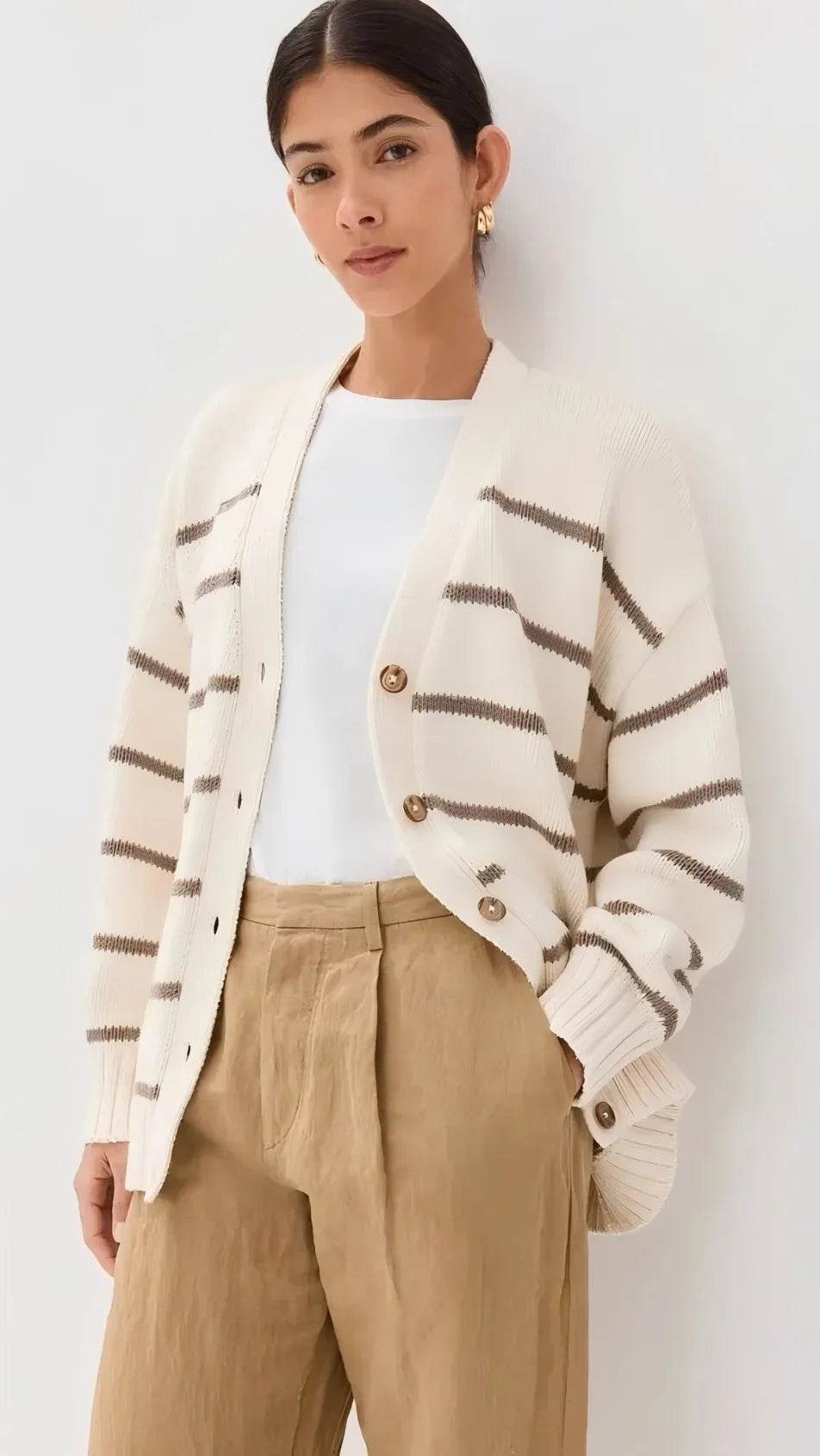 Striped Knitted Cardigan for Women European and American Style New Autumn and Winter 2025 V-Neck Long Sleeve Cardigan Sweater - AIAZ