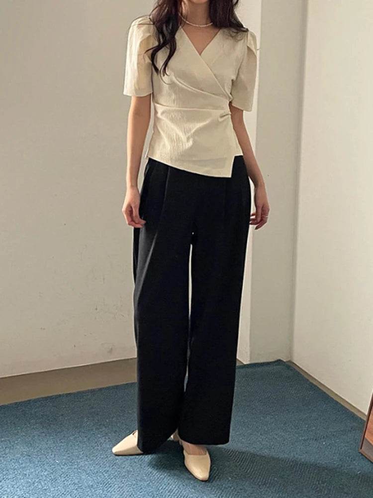 Women Blouse 2025 Spring Summer Solid Tucked V Neck Slim Blouse Elegant Short Sleeve Asymmetrical Top For Women Hot Sale - AIAZ