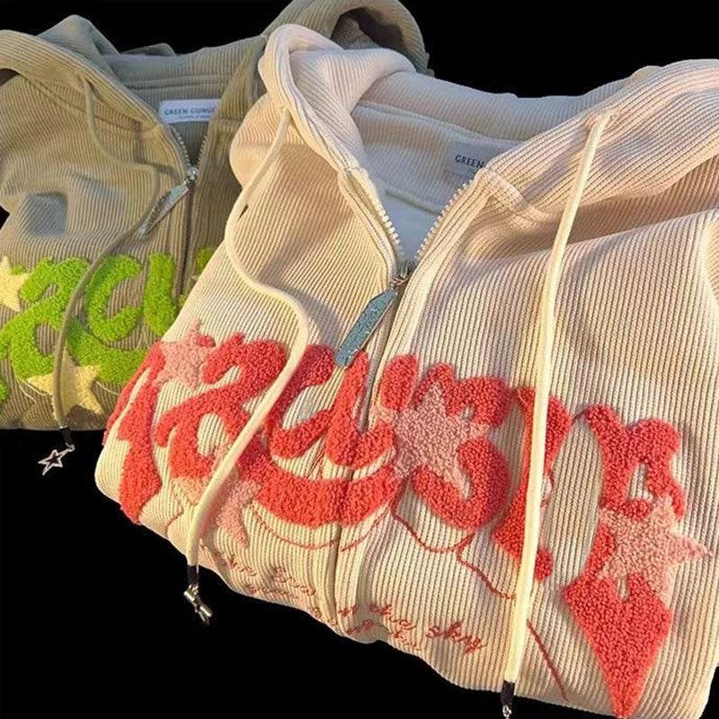 Fashion Embroidery Zip Up Hoodies Women Autumn Long Sleeve Tops Loose Hood Shirt Harajuku Y2K Clothes Female Sweatshirt Jacket - AIAZ