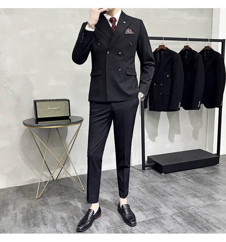 Jackets + Pants / Groom's Wedding Dress Best Fashion Mans Double -breasted Suit Blazer Trousers Male Formal Business Office Suit - AIAZ