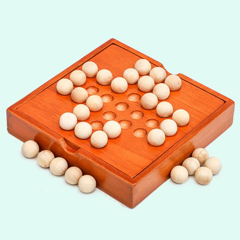 Wood Single Player Chess Marble Solitaire Board Game IQ Logic Challenges for Adults Kids Great Idea For Travel Party Family Fun