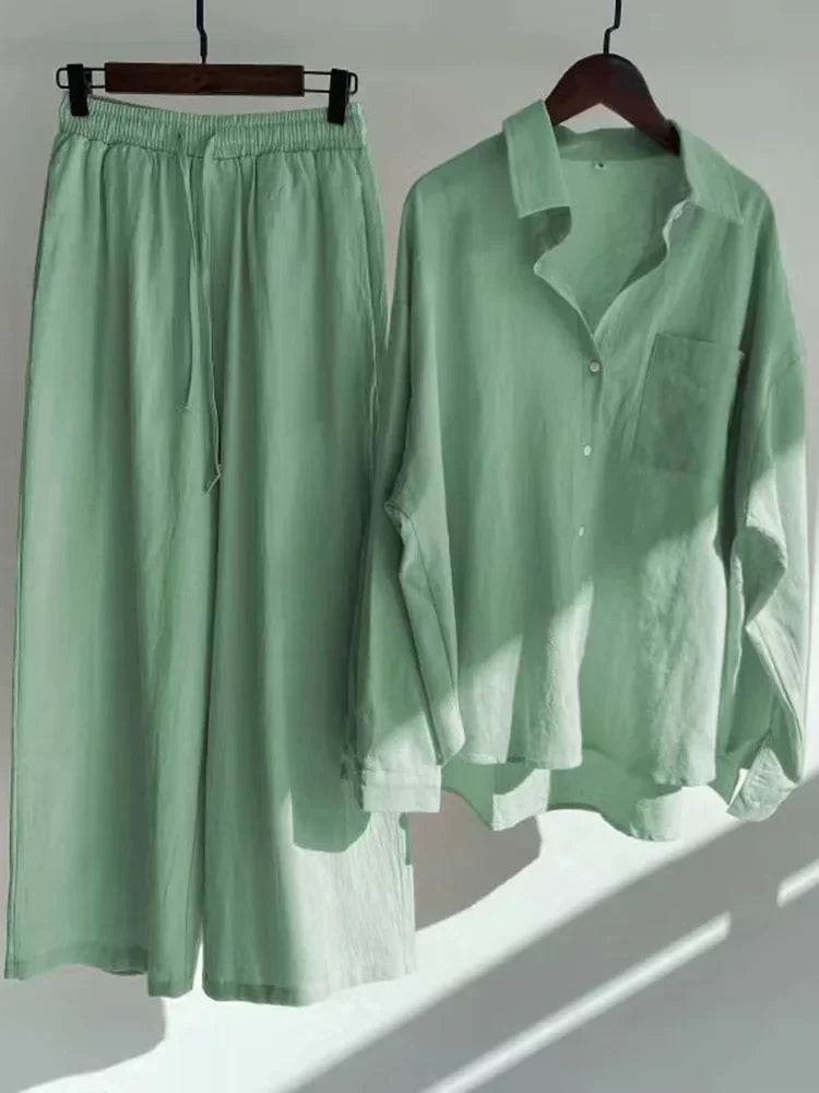 Pants Set Women Shirts Wide Leg Elastic Waist Cotton Linen Casual Sets Elegant Loose Long Sleeve Lapel Spring Shirt Y2k Suit - AIAZ