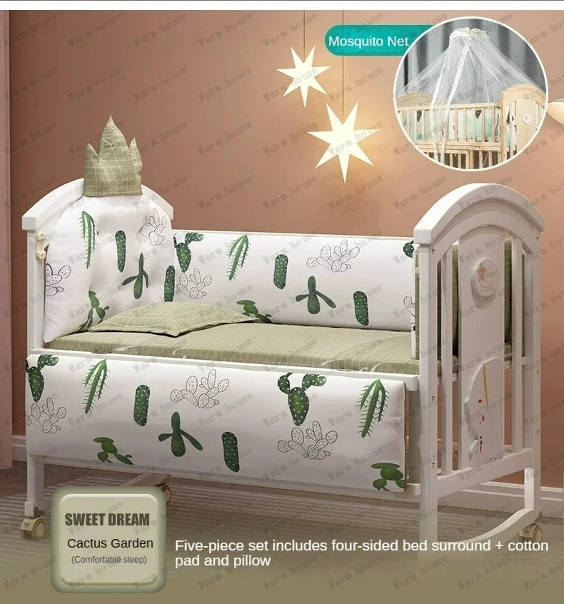 Solid wood spliced crib Multifunctional European style children's bed Movable newborn cradle large bed Baby Rest Chair