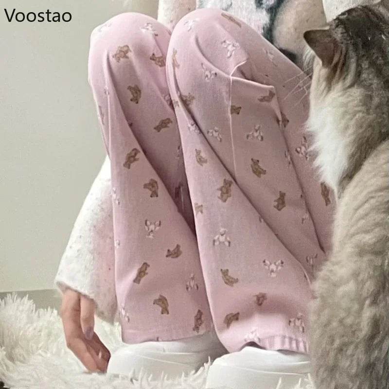 Pink Jeans Women Sweet Cute Cartoon Bear Print High Waist Wide Leg Pants Vintage Girls Casual Y2k Aesthetic Loose Denim Trousers - AIAZ