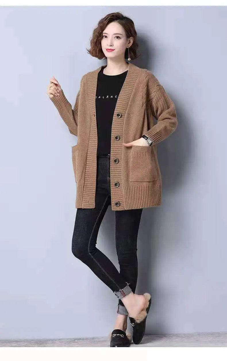 Knitted cardigan women's mid length westernized top autumn and winter new Korean version loose sweater age reducing jacket women - AIAZ