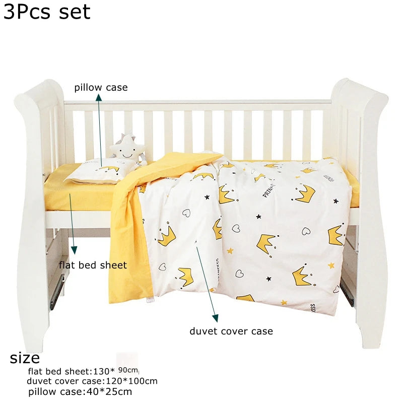 3Pcs Set Newborn Baby Cot Sheet Duvet Cover Case Pillowcase Cotton Cartoon Print Crib Flat Bed Sheet Infant Toddlers Beddings