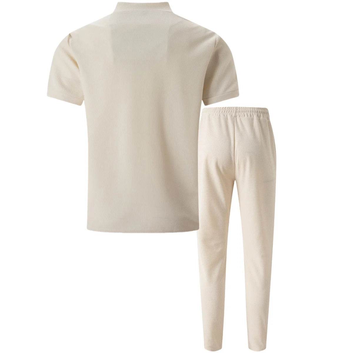 2025 Men's new summer suit Waffle collar solid color zipper short sleeve pants suit fashion casual loose sportswear - AIAZ