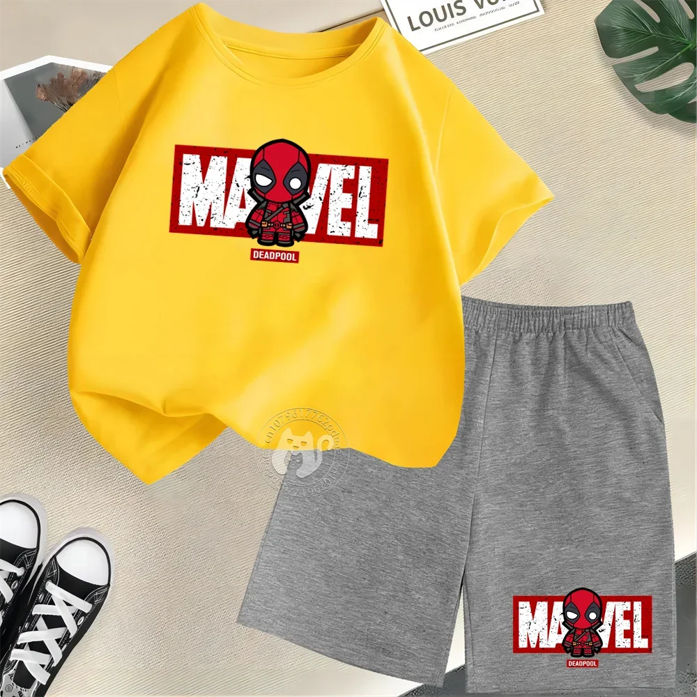 Superhero Summer Kids 100% Cotton T-shirt Street Mini Deadpool Print Short Sleeve T-shirt + Shorts Boys & Girls casual suit