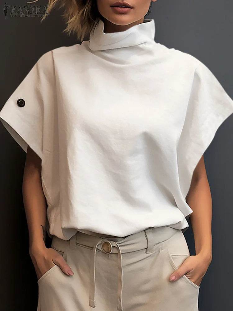 ZANZEA Women Stylish Tunic Tops Summer Office OL Shirts Short Sleeve Elegant Work Blouse Female Turtleneck Blusas Mujer Oversize - AIAZ