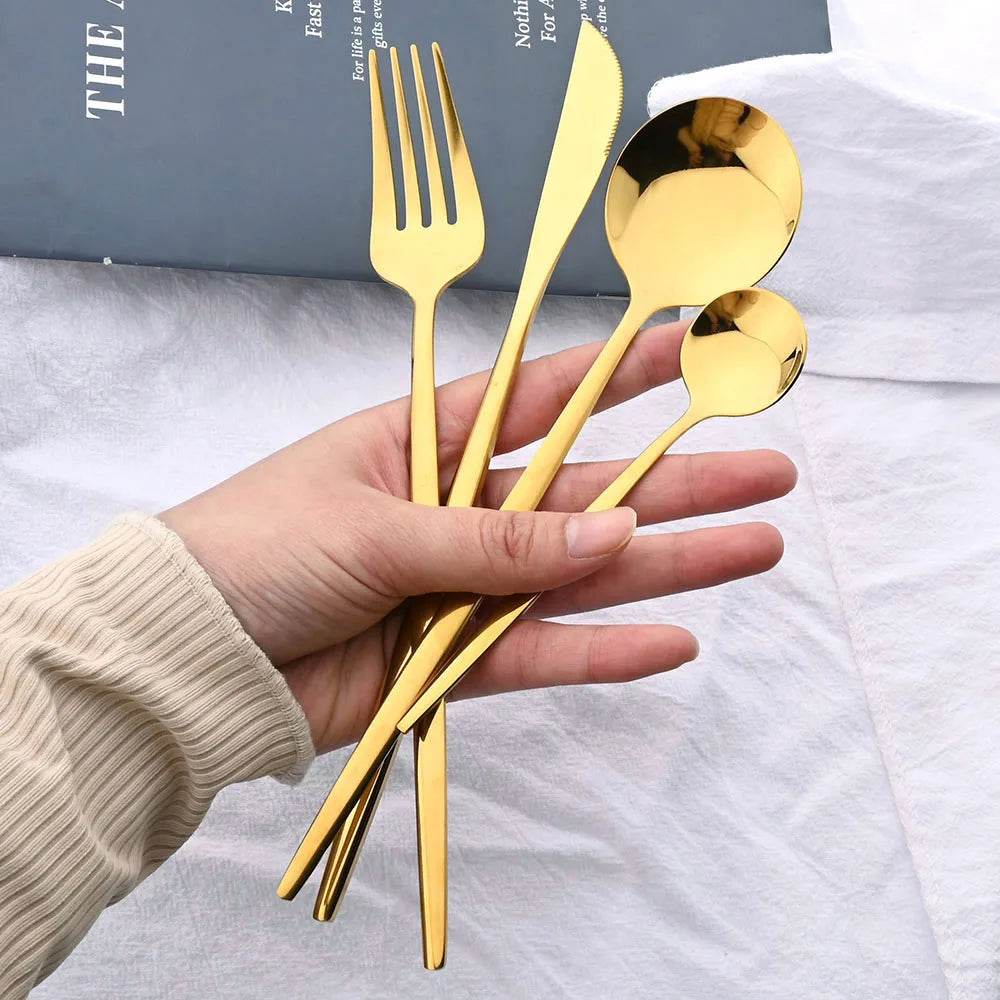 24Pcs Black Handle Golden Cutlery Set Stainless Steel Knife Fork Spoon Tableware Flatware Set Festival Kitchen Dinnerware Gift - AIAZ