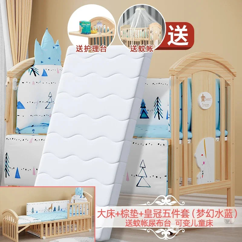 Baby Crib Multifunctional BB Baby Crib Solid Wood Unpainted Cradle Bed Movable Newborn Children Splicing Large Bed