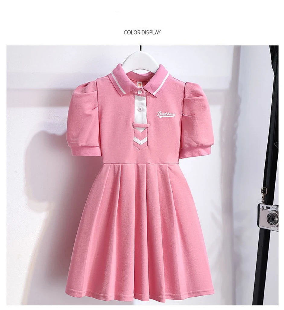 1pcs Summer Children's Dress Girl's Korean Edition Short Sleeves Flip Collar Skirts Pupil Student's Sweet Princess Fashion Dress