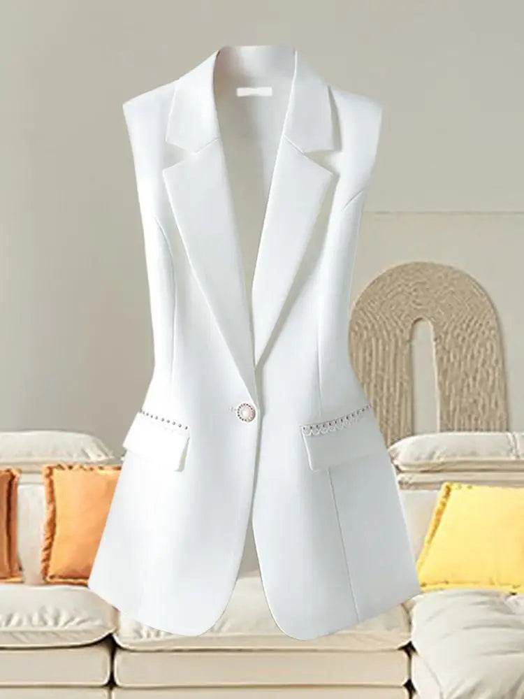 French Elegant Fashion White Suit Vest Women Clothing Summer New High Waist Elegant Slimming Sleeveless Coat Office Lady Clothes - AIAZ