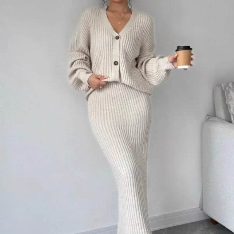 Women's Long Sleeved Jacket Sweater V-neck Cardigan Loose Two-piece Set Solid Color Knitted Hip Skirt Set - AIAZ
