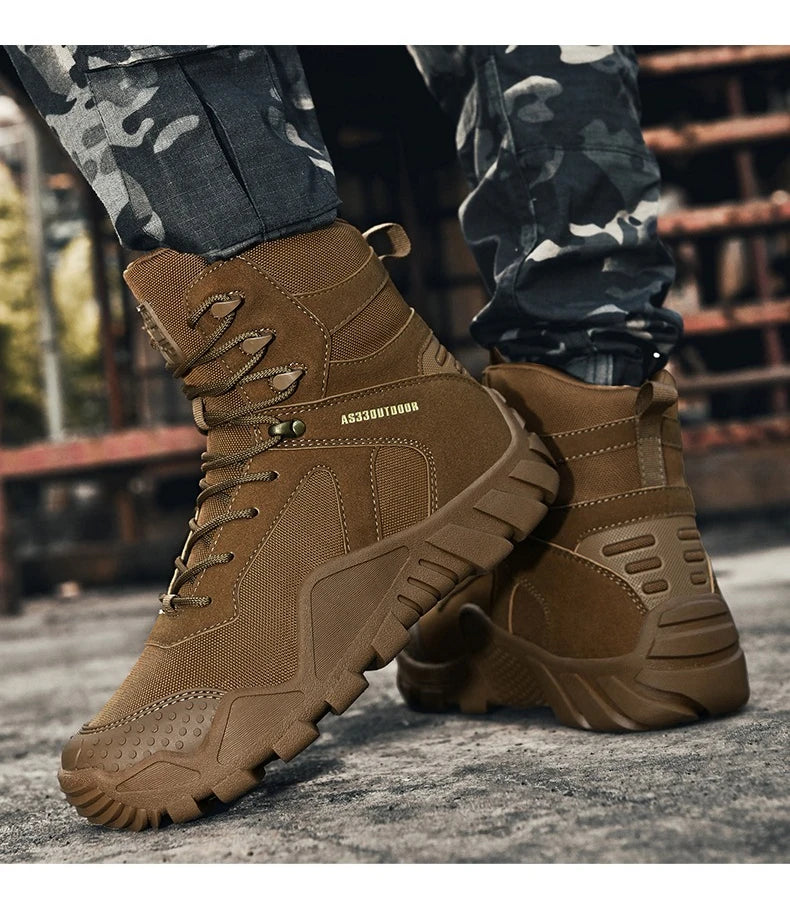 Outdoor Hiking Shoes Men Casual Combat Boots Men Breathable Wear-resistant Anti-slip Flat Comfortable High-top Boots Men
