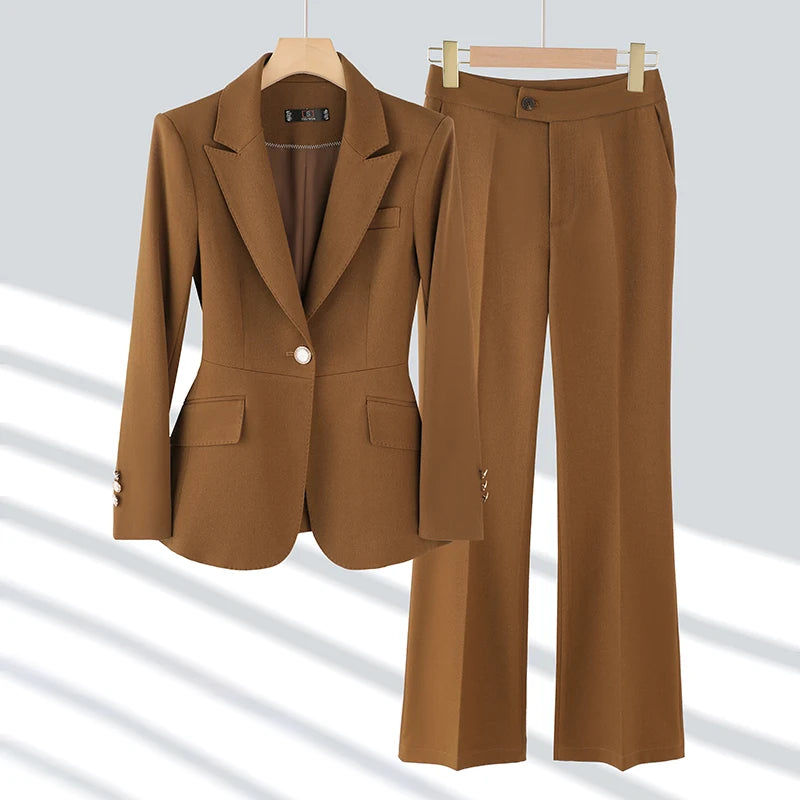NAVIU High End Pant Suit Brown Solid Office Ladies Female Business Work Wear 2 Piece Set Formal Blazer Jacket And Trouser