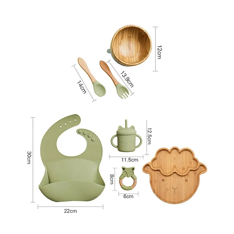 Wooden Dinner Plate Feeding Supplies Bamboo Baby Tableware Silicone Suction Plate Bowl BPA Free Baby Stuff Newborn Accessories
