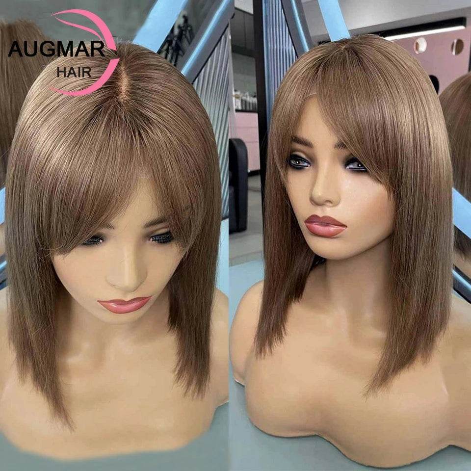 13x6 Chestnut Brown Bob Hair Wig Human Hair Lace Frontal Wig With Bangs Brazilian 13x4 Short Straight Lace Front Wigs For Women - AIAZ