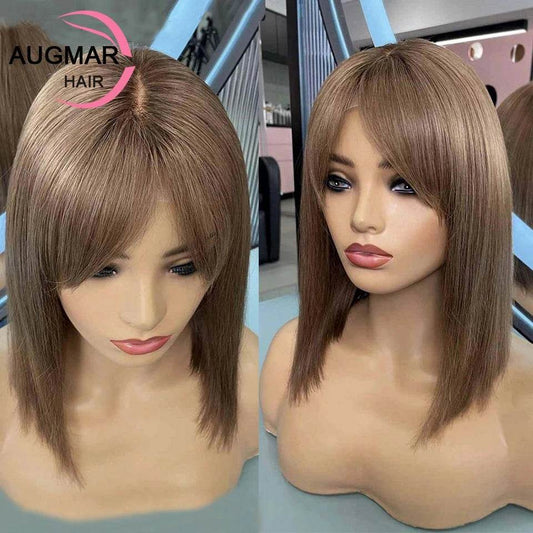 13x6 Chestnut Brown Bob Hair Wig Human Hair Lace Frontal Wig With Bangs Brazilian 13x4 Short Straight Lace Front Wigs For Women - AIAZ