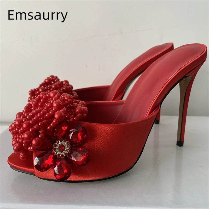 Crystal Beads Flower Decor Sandals Women 10cm Stiletto Heel Slingbacks Luxury Satin Summer Mules For Girls - AIAZ