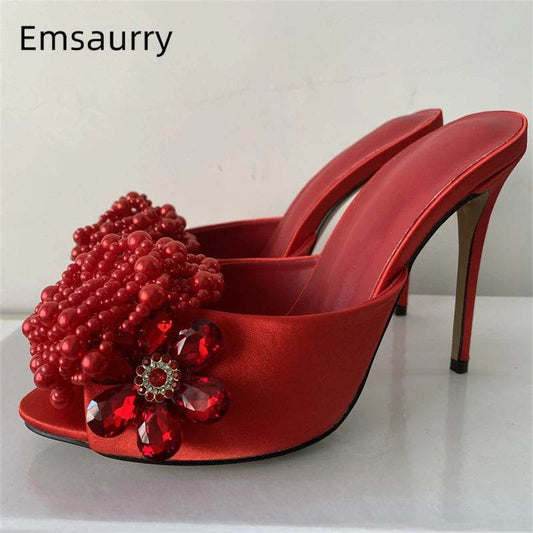 Crystal Beads Flower Decor Sandals Women 10cm Stiletto Heel Slingbacks Luxury Satin Summer Mules For Girls - AIAZ