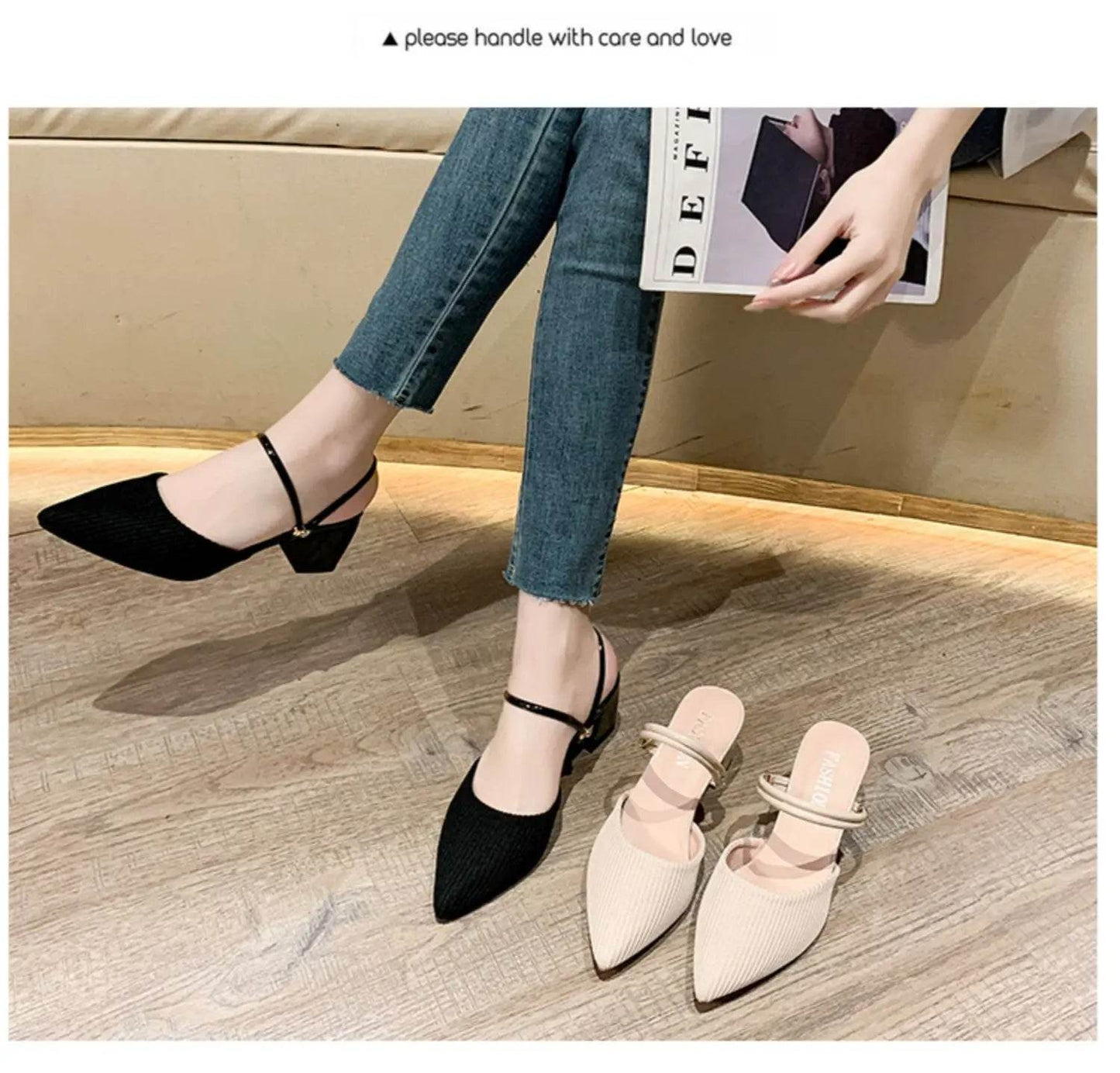 Korean Sle High Heel Sandals Women Summer Outdoor Wear Pointed Toe Double Wear Mules Cover Head f Slip Small Fraance Wind - AIAZ