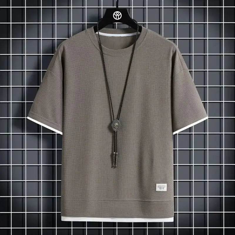 2025Men Summer Fashion Waffle Fake Two Pieces Top Short Sleeve T-shirt Male Comfortable Casual Breathable Quick DryTshirts Tee - AIAZ