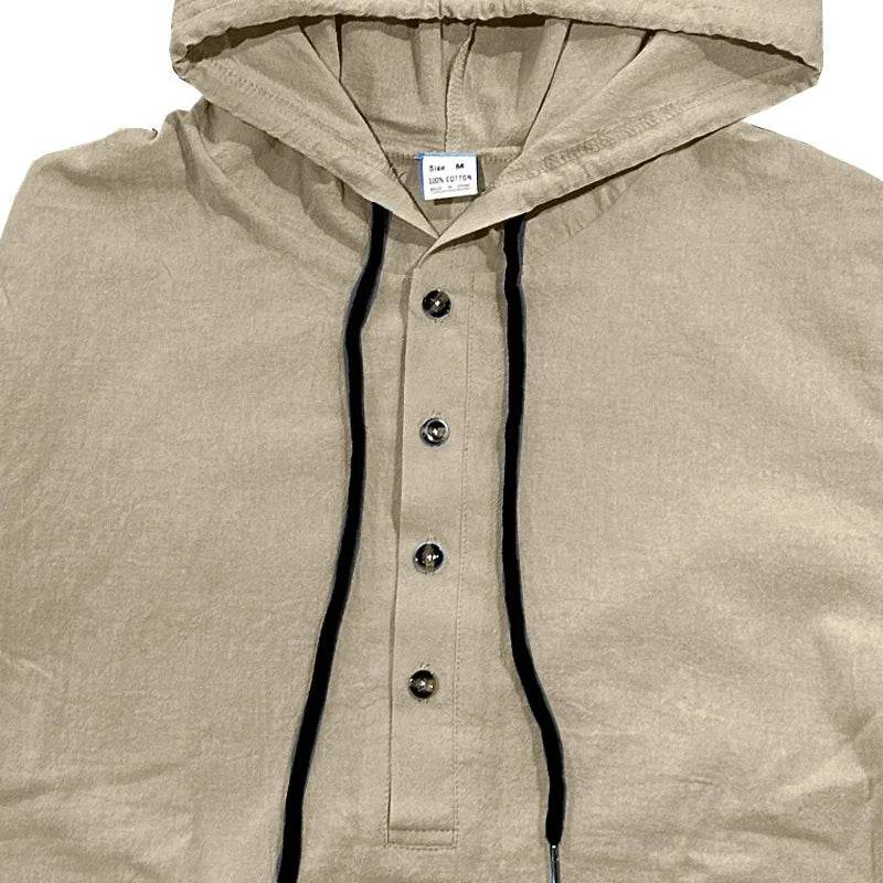 24 New cotton and linen shirts hooded loose large size casual sweater long sleeve hoodie men - AIAZ