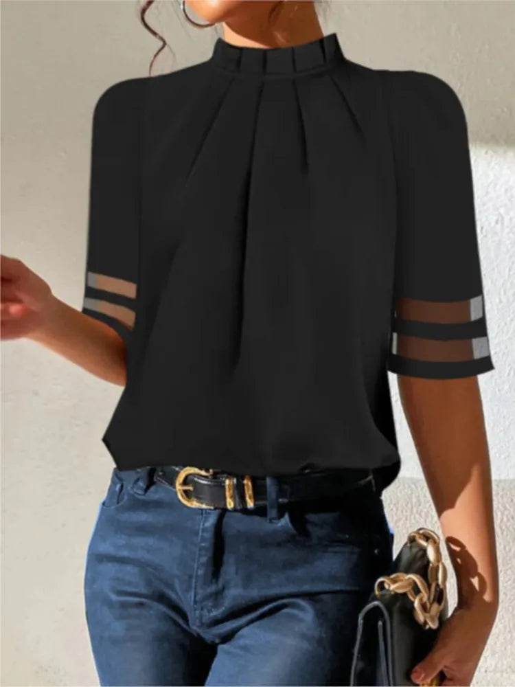 Women's Fashion Black Short-sleeved Shirt Ladies Elegant Casual Turtleneck Top Simple Shirts Women Clothes Summer New 2025 - AIAZ