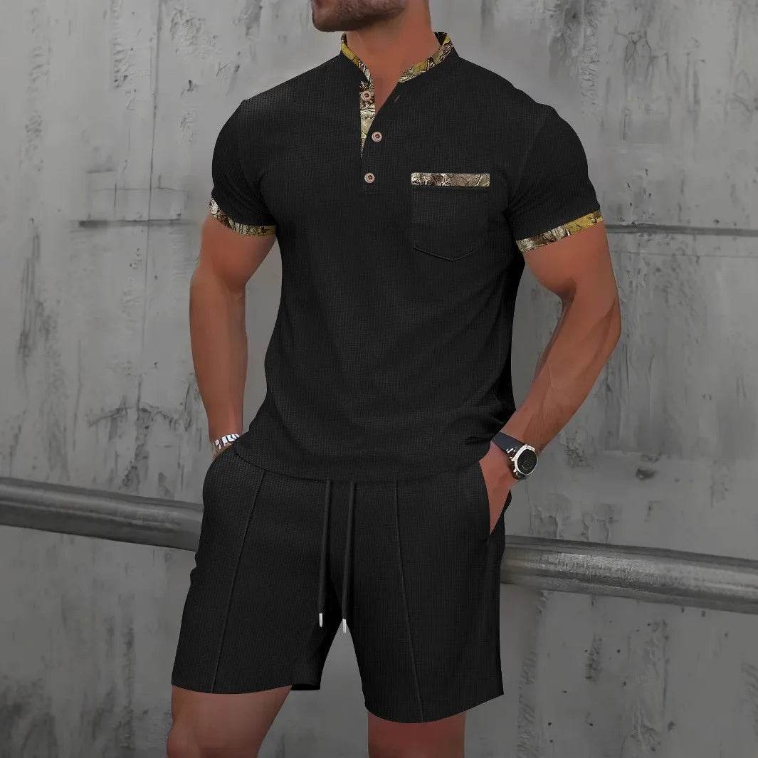 2025 Men Europe and the United States new summer Waffle solid color zip-up lapel short-sleeve suit shorts two sets - AIAZ