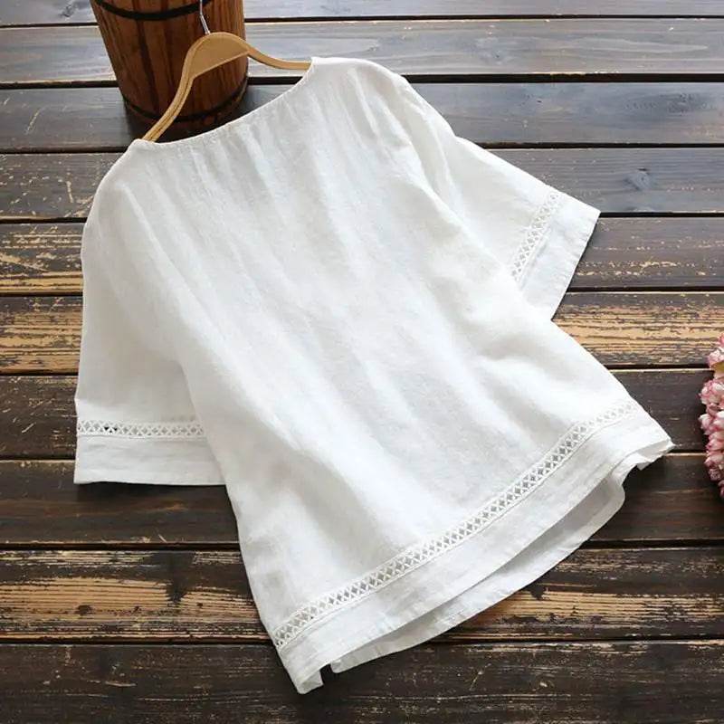 Fashion O-neck Short Sleeve White Lace Tops And Blouses Women 2024 Summer Loose Casual Cotton Linen Top Femme Blouse Shirt Woman - AIAZ
