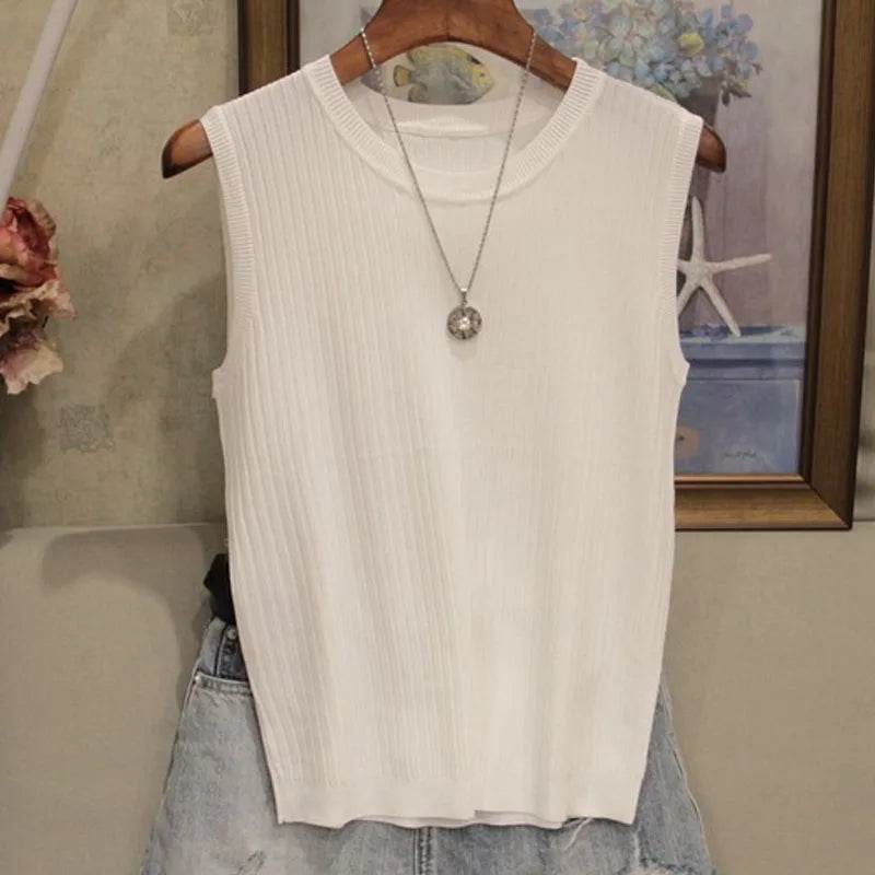 2025 Summer New Fashion Knitted Vests O-neck Sleeveless Casual Thin Tops Sleeveless Blouse Women Shirt - AIAZ
