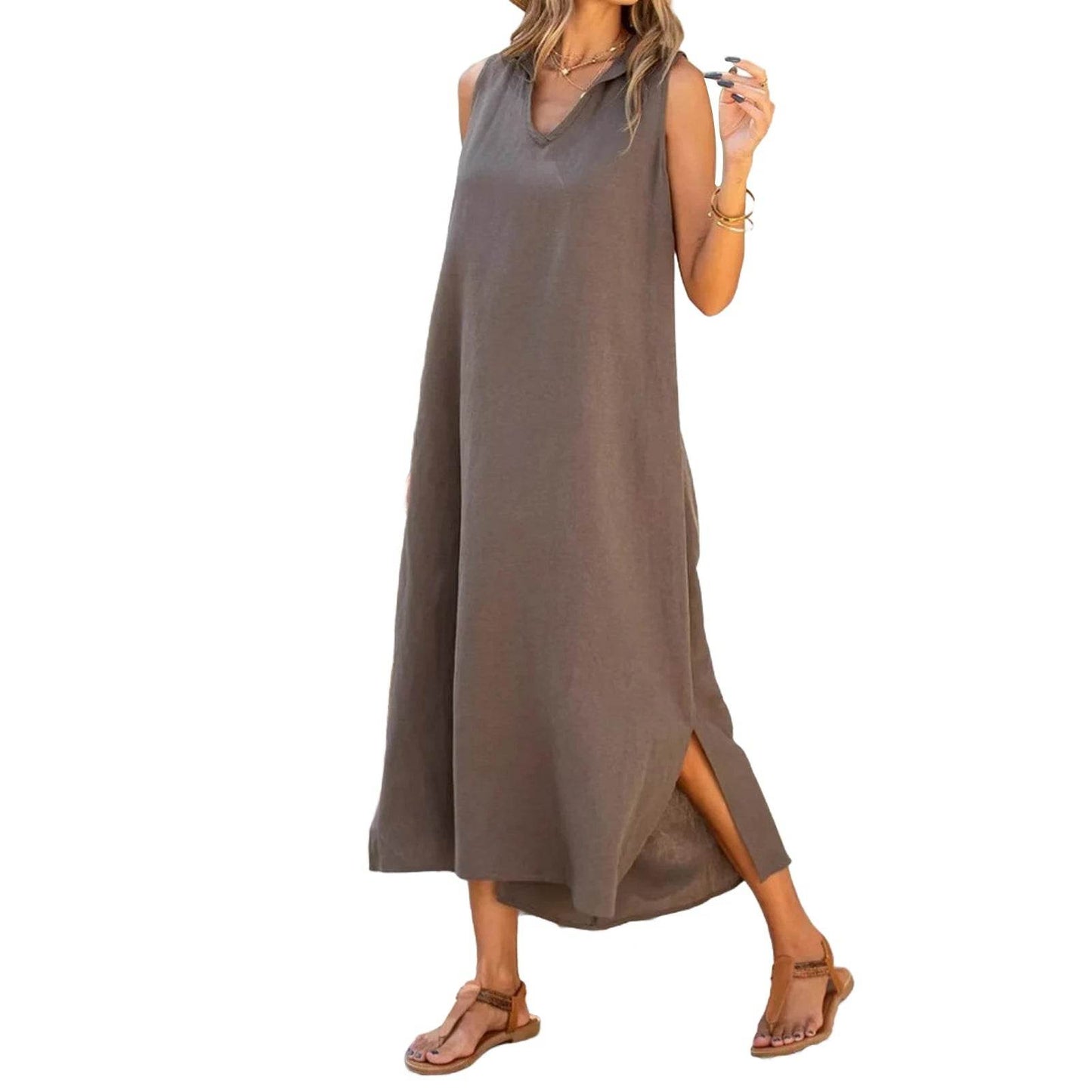 Dresses Woman Party Night V Neck Solid Color Tank Dress Cotton Linen Casual Loose Sundress Plain Long Dresses Vestidos Largos - AIAZ