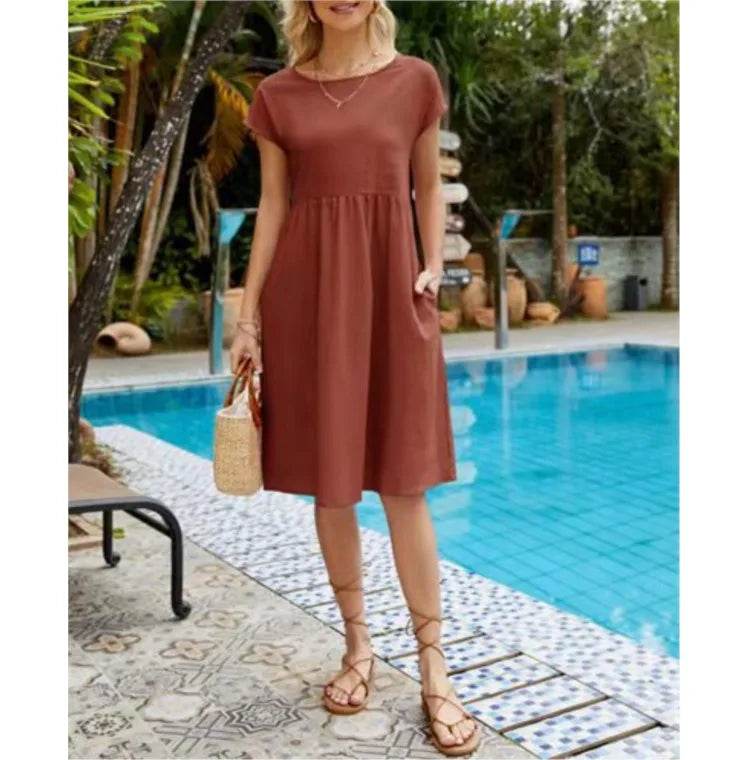 Women's Dresses 2025 Summer Fashion Casual Dresses Women Loose Mid Length Over Knee Dress New Short Sleeve Solid Dress Woman - AIAZ