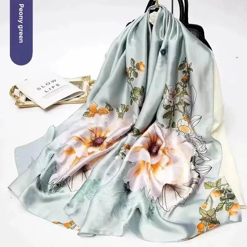 New Summer Women's Silk Scarf Sun Protection Satin Print Extra Long Beach Cover Up Decorative Mom's Shawl Fashionable Accessory - AIAZ